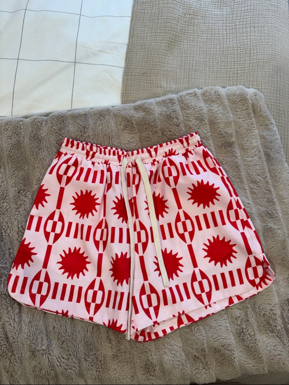 Commense Red Pink Geometric Sun Print Drawstring Shorts S Resort